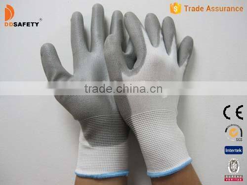 DDSAFETY Thin Nylon PU Coating Working Safety Glove Light White Nylon With Grey PU Glove