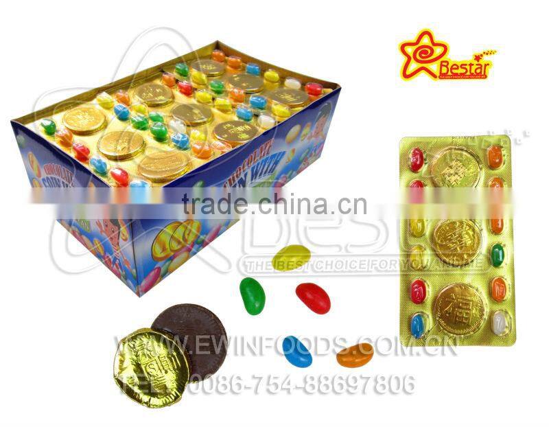 Chocolate golden coin with jelly bean
