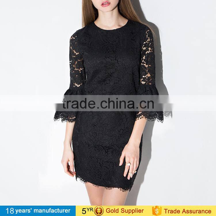 women fashion black lace cocktail dress with flutter bell sleeves