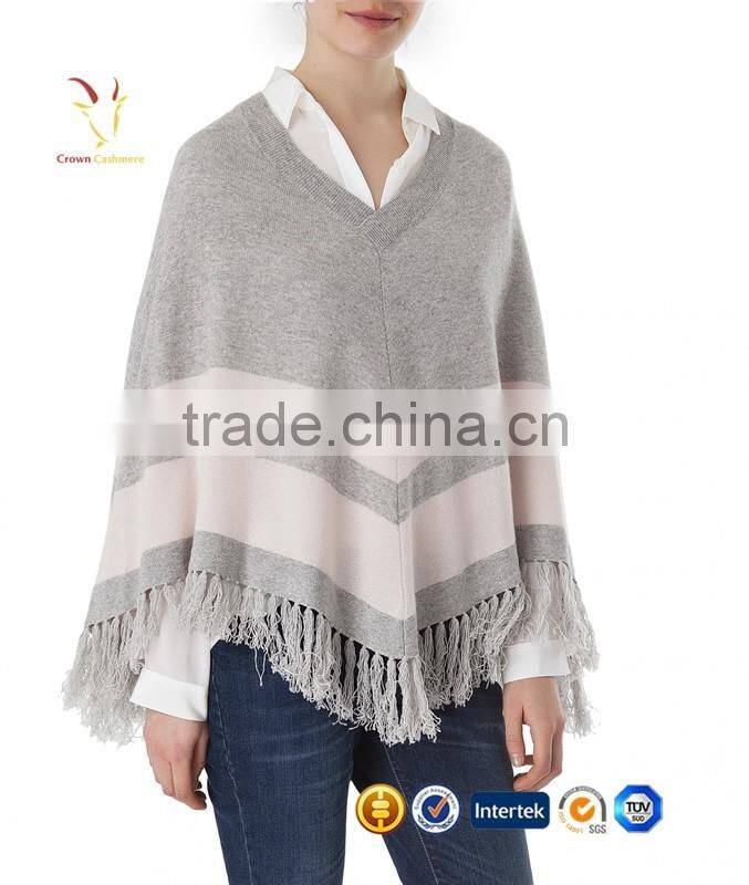 Strips and Tassel Knitted Cashmere Poncho Shawl