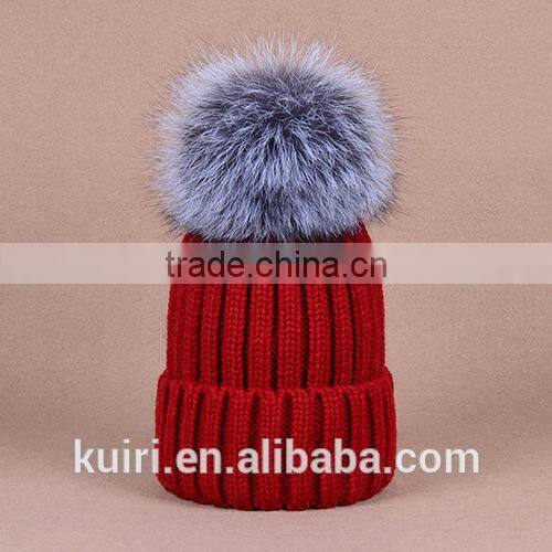 knitted hat with snap silver fox fur ball on top