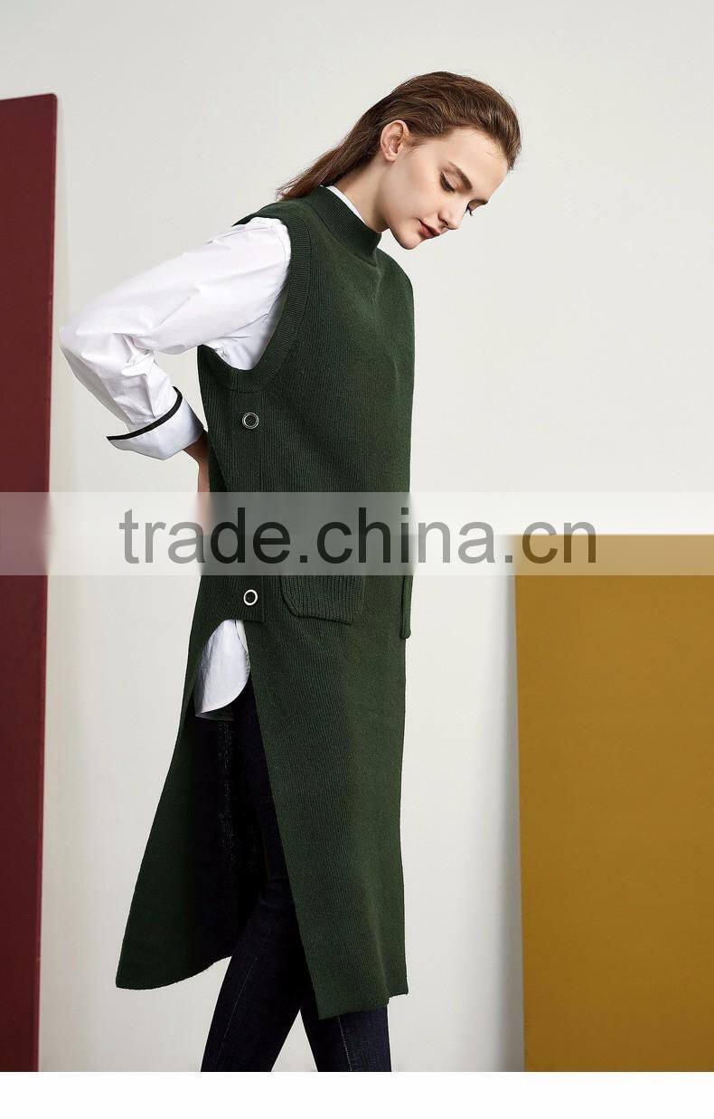 2017 new design women green color Vest sweater Stand collar side vent sweater