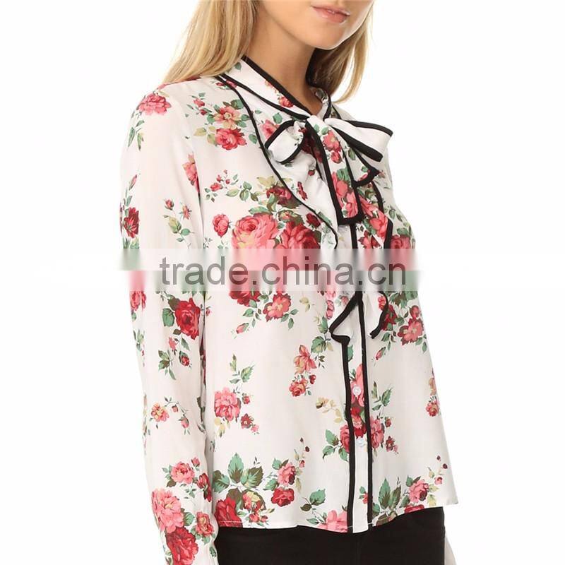 2017 Latest long sleeve spring fashion ladies floral tie neck blouse