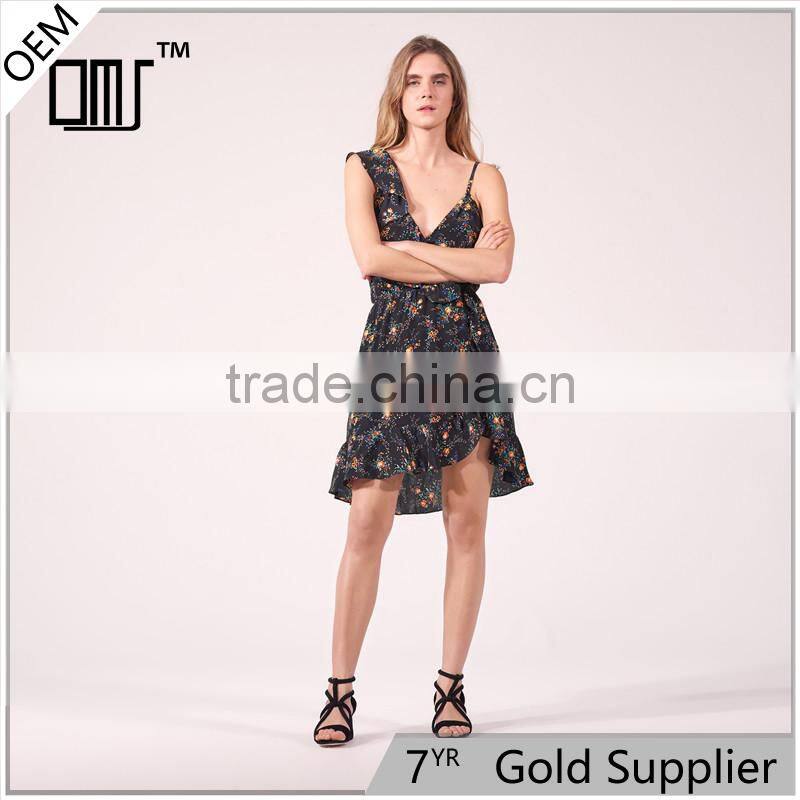 NEW DESIGN ruffle at sleeve and neck women sexy asymmetry asymmetric dress