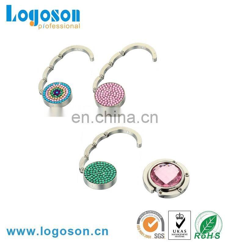 Promotional fashion crystal rhinstone custom metal round shaped bag hanger hook