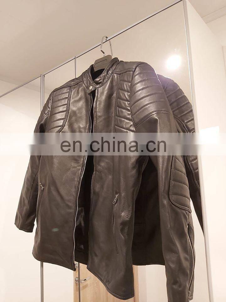 Fashion Men Stand Collar Zipper Leather Jacket Motorcycle Leather Jacket Coat