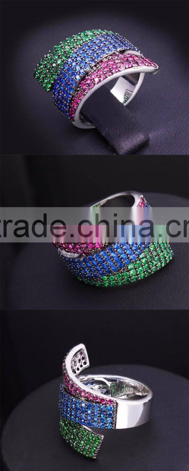Unique 3 Strips Colorful Cubic Zirconia Siam Emerald Montana Cocktail Party Ring