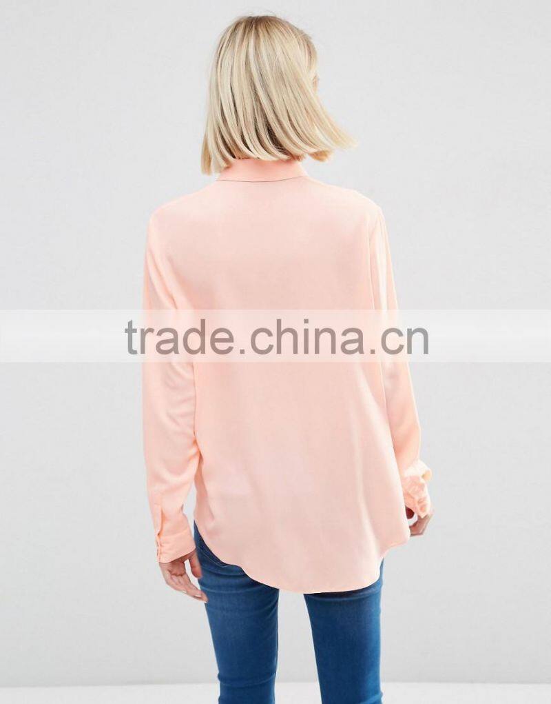 Pink colour chiffon blouse designs long sleeve lady blouse & tops for women