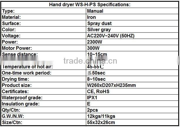 Popular wall mounted silver gray jet hand dryer manually with a button for washroon WS-H-PS