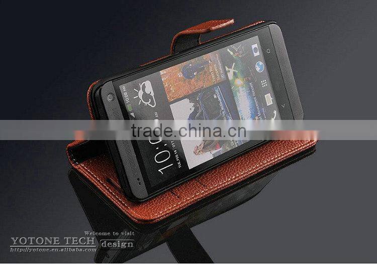 Fashionable Phone Accessory of High Quality PU Leather Stand Card Holders Inside Hand Made Cell Phone Case Bag for HTC One M7