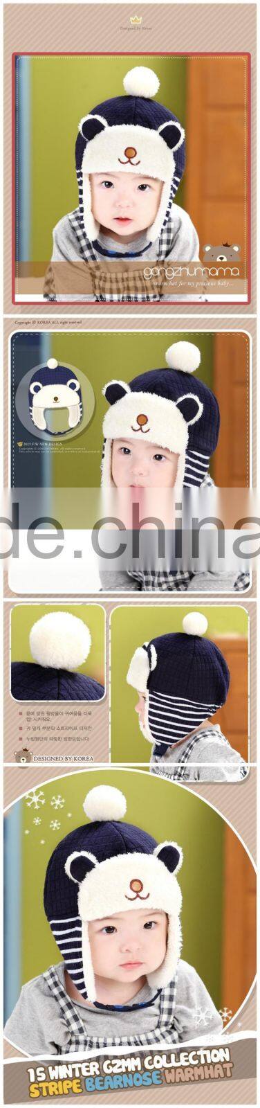 Autumn Winter Newest Checked Striped Bear Style Baby Kids Pom Poms Earflap Winter Wool Hat