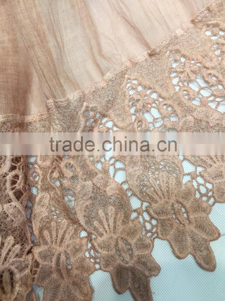 High Grade Newest Embroidery Lace Brim Plain Cotton Linen Muslim Long Scarf