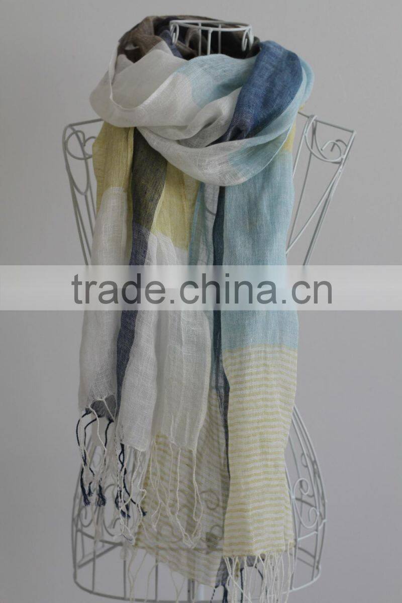 Winter Autumn Fashion Checked Plaid Striped Woven Cotton Linen Woman Scarf With Tassel