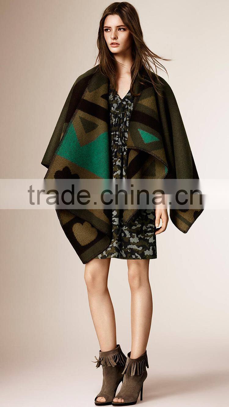 High Quality Korean Fashion Geometry Green Woman Wool Poncho Shawl