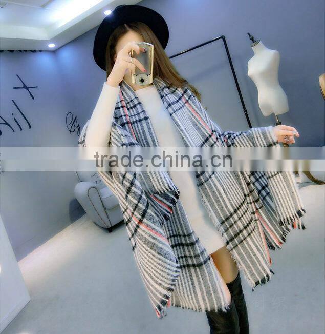 New Fashion Fringed Checked Plaid Acrylic Lady Poncho Shawl