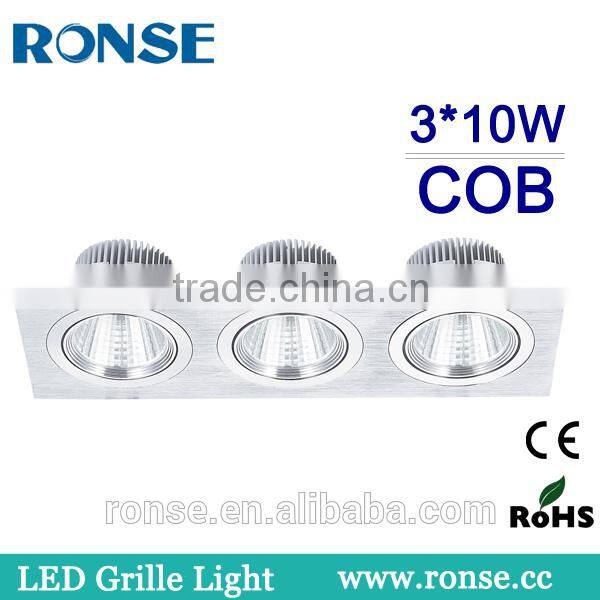 3*10W Led Cob Grille Spot Light Three Heads Silver Housing (RS-2101-3(C))