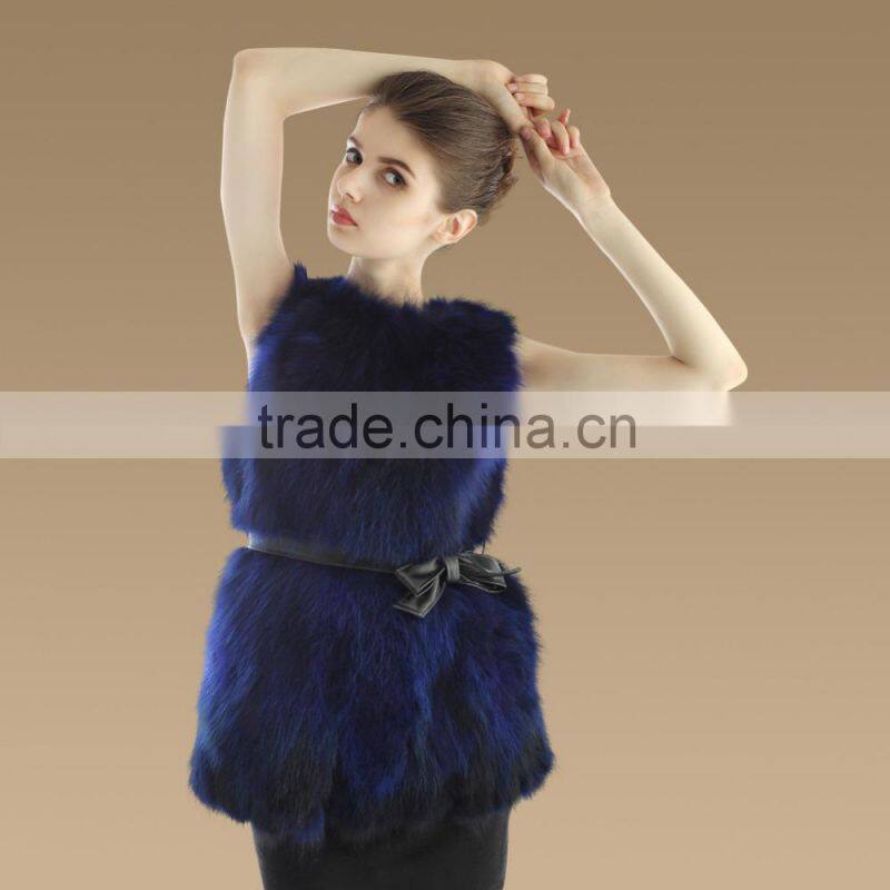 Long style 2015 Winter Elegant red color Lady Real Raccoon Fur Vest with Belt