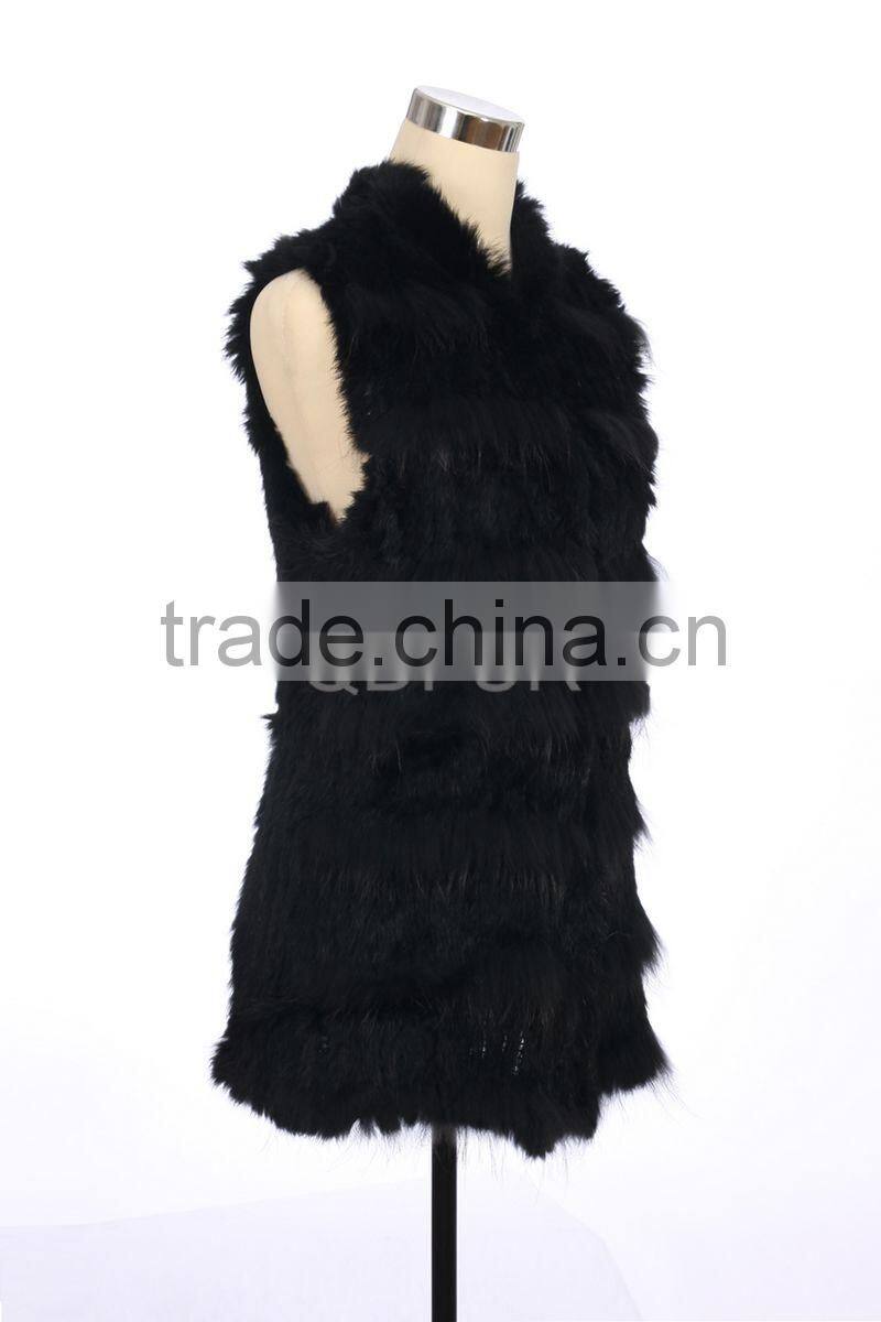 QD30304-5 Womens Sweater Vest of Rabbit Fur Gilet with Raccoon Fur Patchwork Vests