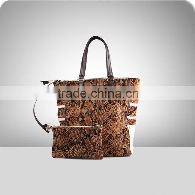 2537- Jangle style snake texture cloth material match PU shopper hobo bag