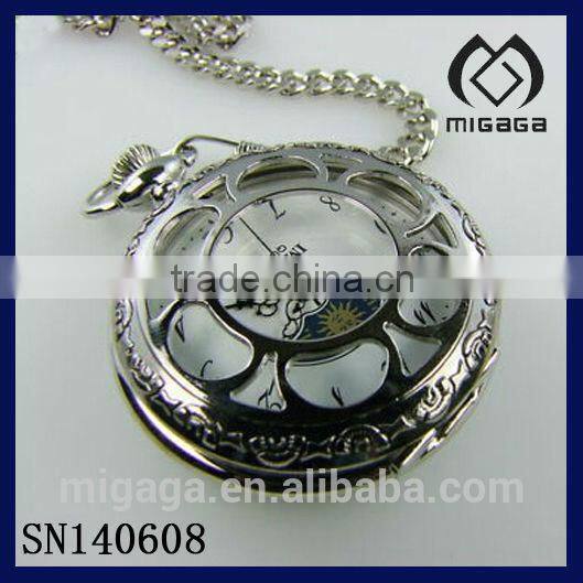 Fashion New LADIES SILVER POCKET WATCH with SUN and MOON