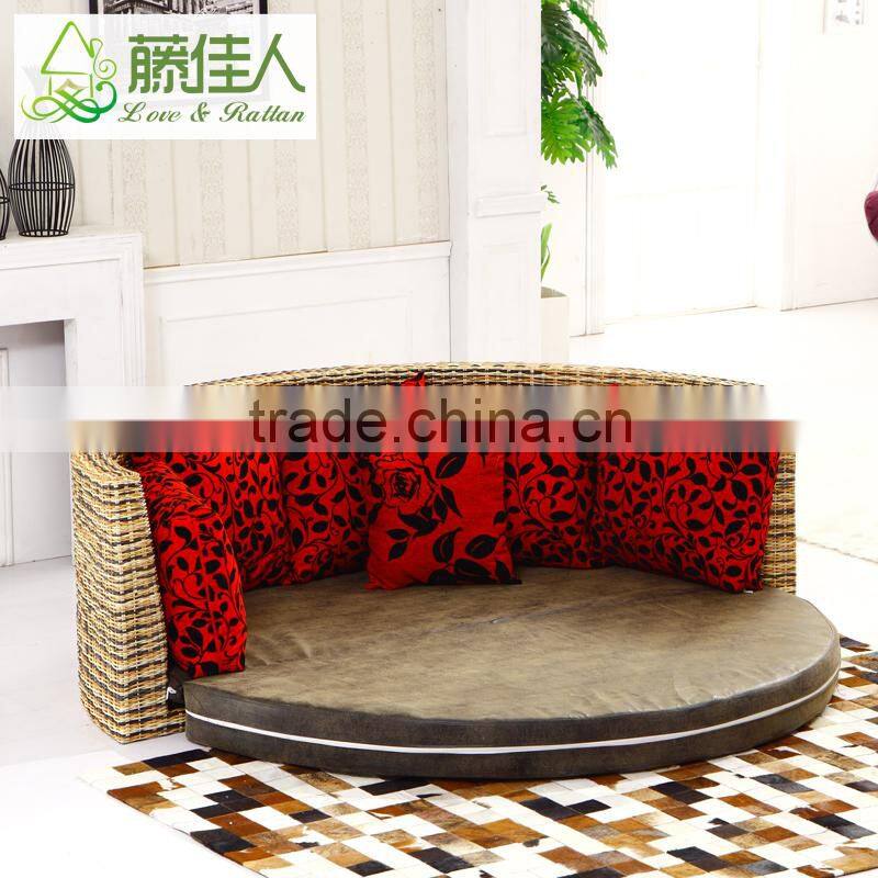 Half Circle Water Hyacinth Natural Rattan Leather Round Sofa Cum Bed