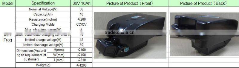 36V 10Ah Liion Lithium Polymer Battery with Frog-shaped Case, for Electric Bicycles/Mini Motorcycles/Cart
