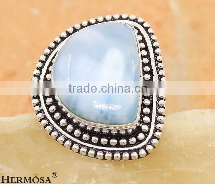 Dazzling Natural Stone Blue Larimar Vintage 925 Sterling Silver Men Ring Sz.9.25