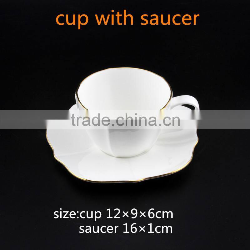 gold rim tea cup and saucer 200cc /100cc flower Shape ceramic bone china cup and saucer