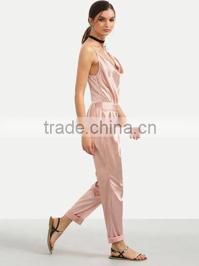 Bodysuits latest fashion design women clothing Pink Spaghetti Strap Cowl Neck Backless Jumpsuit