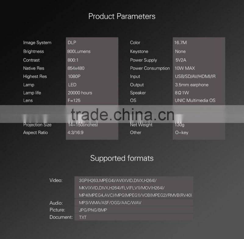 2016 Newest DLP UC50 854*480 800lumens 1080p support mini portable projector dlp projector HD UC50