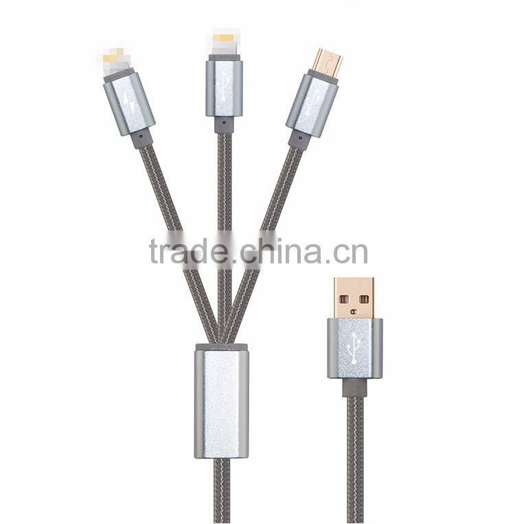 Highend 3 in 1 Mobile Phone cable 100cm micro usb Aluminum Alloy for Android& Iphone 5 cables Nylon Weave charging USB Line