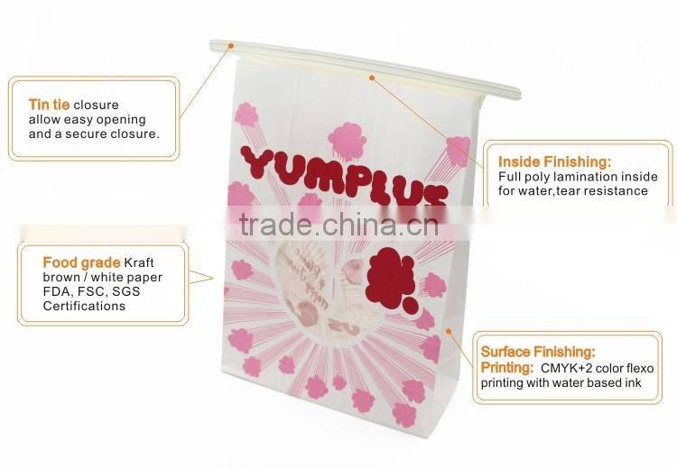 Made in China environmentally friendly snack popcorn tin tie paper packaging bag