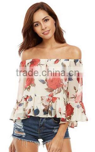 Women's Casual Floral Off Shoulder Chiffon Blouse Top