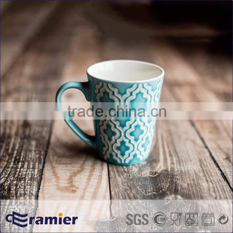 Ceramic stoneware 12oz v shape mug with handpainted grids design