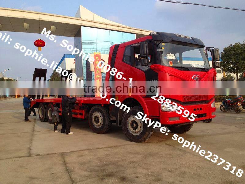 FAW 8x4 bulldozer loading trucks,heavy duty truck transportation,flat transport truck