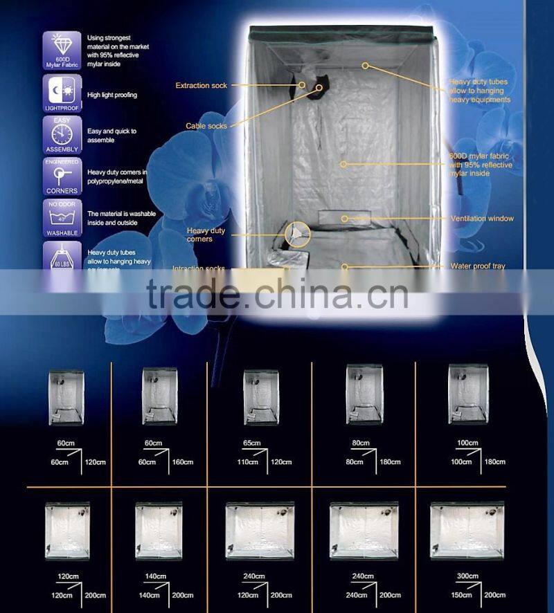 Commercial greenhouse agricultural tool / accessories quick and easy assemble 600D aluminium Mylar inside black fabric grow tent