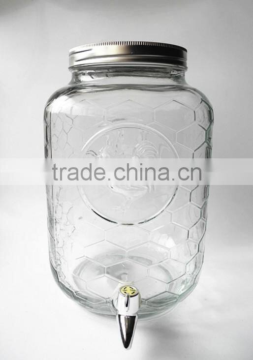 8L big square checkered glass wine dispenser jar with spigot and lid