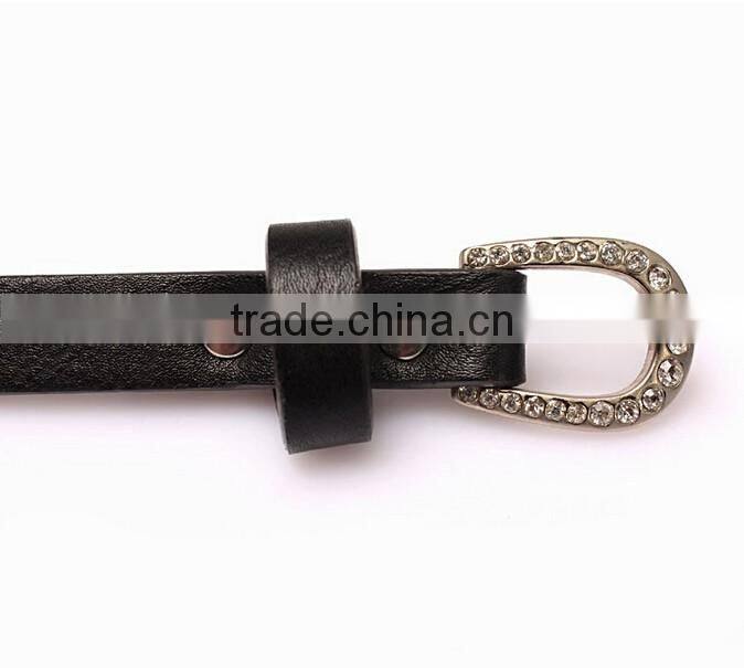 Fashion rhinestone decorated pin buckle sex girl black thin PU waist belt
