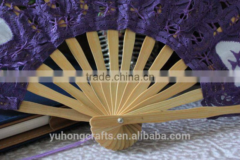 purple embroidery lace bamboo wedding fan