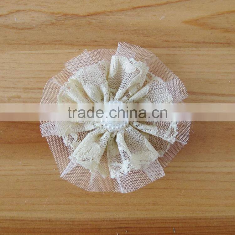 lace flower with pearl bead in center for kids hair accessories
