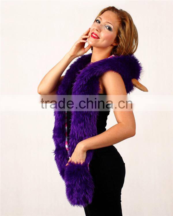 Faux fur adult beanies plush animal head hat scarf glove