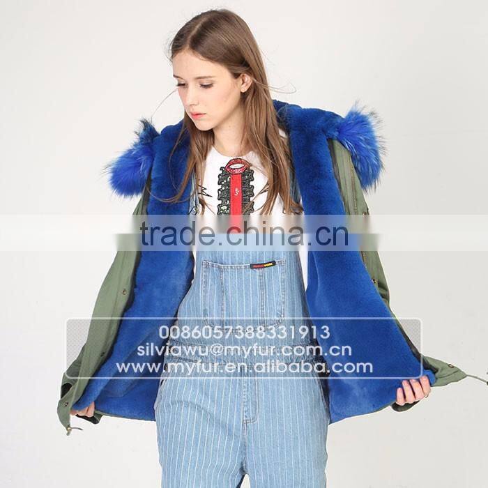 Myfur Luxury High Quality Faux Fur Lining Raccoon Fur Hooded Mini Parka Jackets