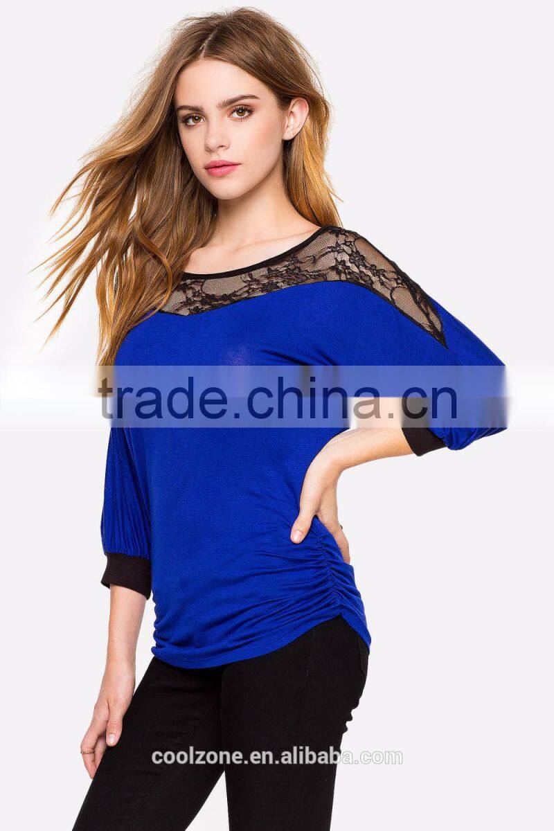 3/4Sleeve contrast trims lacey yoke lady blouses for women summer 2015