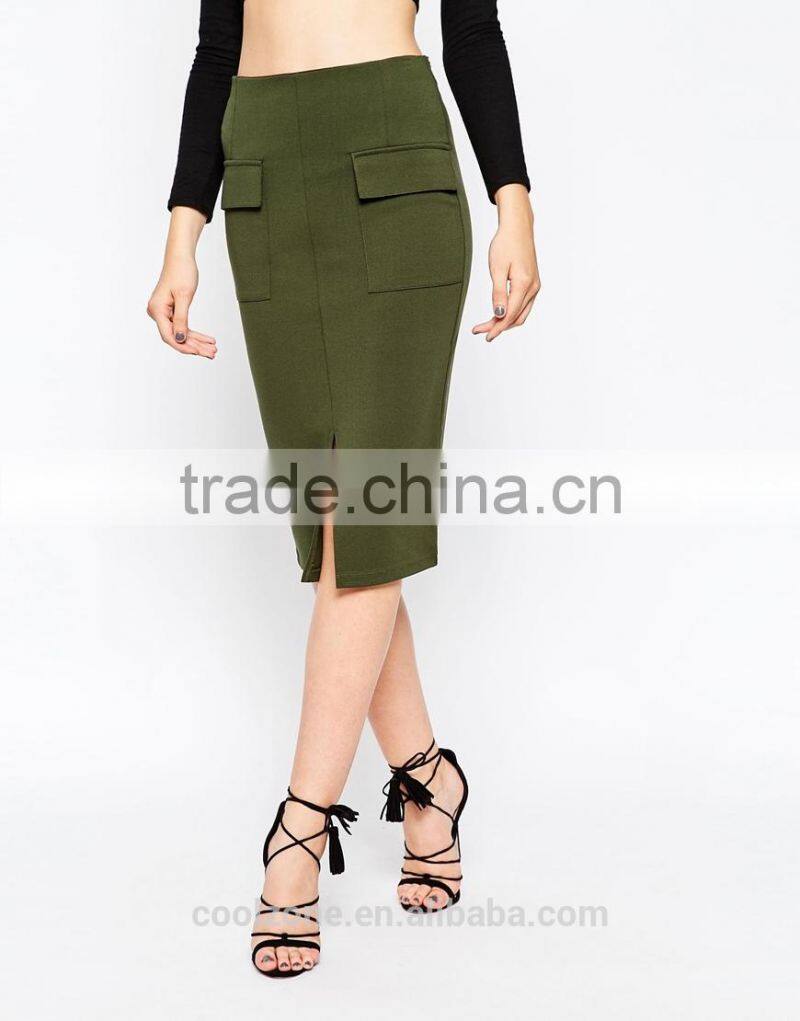 High waist long skirt with pocket front split pencil skirt