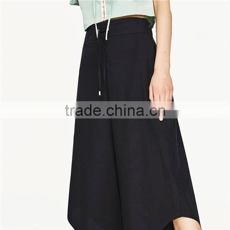 Cord Culottes Asymmetric Slacks Women Black Dress Pants