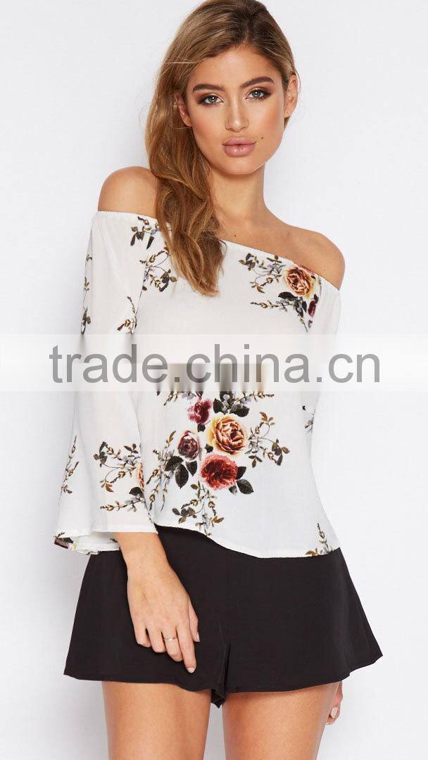 Fashion blouse design Floral Tie-Sleeve Off-Shoulder Top&blouse for sale 2017