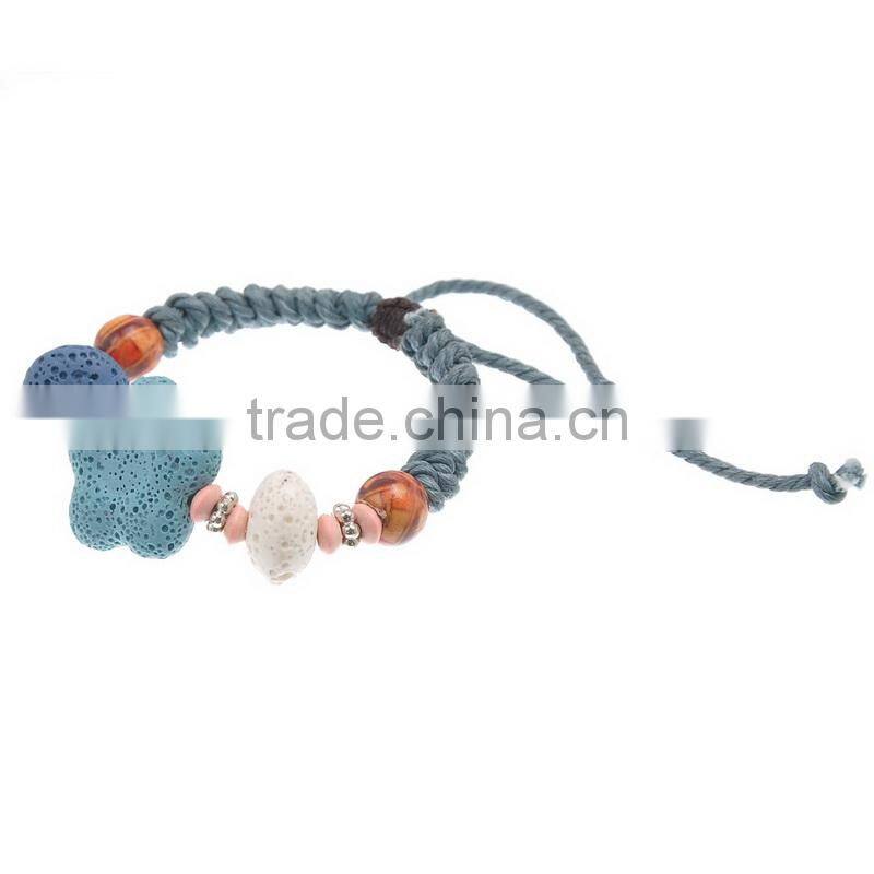 Adjustable Wax Rope Braiding Colorful Lava Rock Bracelets Mixed Wood Beads 20cm(7 7/8")long,1 Piece,Newest
