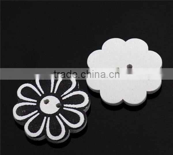 Wholesale Scrapbooking 2 Holes Flower White Black Wood Painting Sewing Buttons