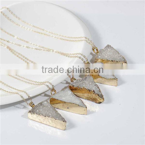 New Fashion Natural Quartz Crystal Druzy /Drusy Necklace Link Cable Chain Gold Plated White Triangle Pendant 52cm long