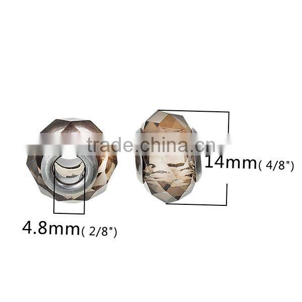 Lampwork Glass European Style Large Hole Beads Round Faceted Coffee Transparent With 304 Stainless Steel Silver Tone Core